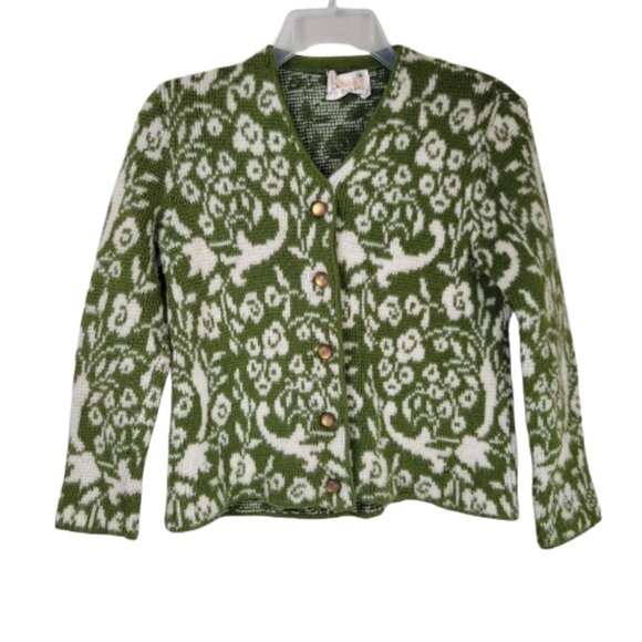 Catalina Sweaters - Vintage Catalina Jacquard Wool Cardigan Green Ivory Floral Women's XS